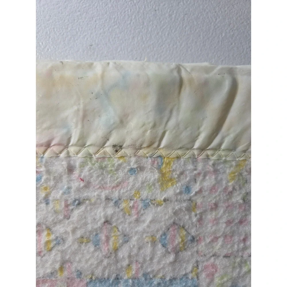 Vintage Handmade Patchwork Baby Quilt Pastel Nursery Blanket Satin Trim Fair